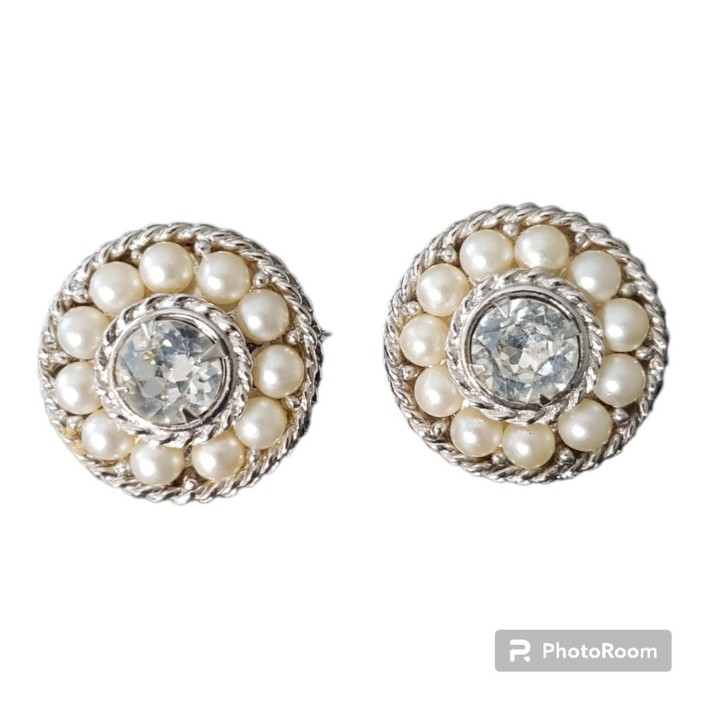SAC Vintage Silver, Rhinestone and Pearl Clip Earrings